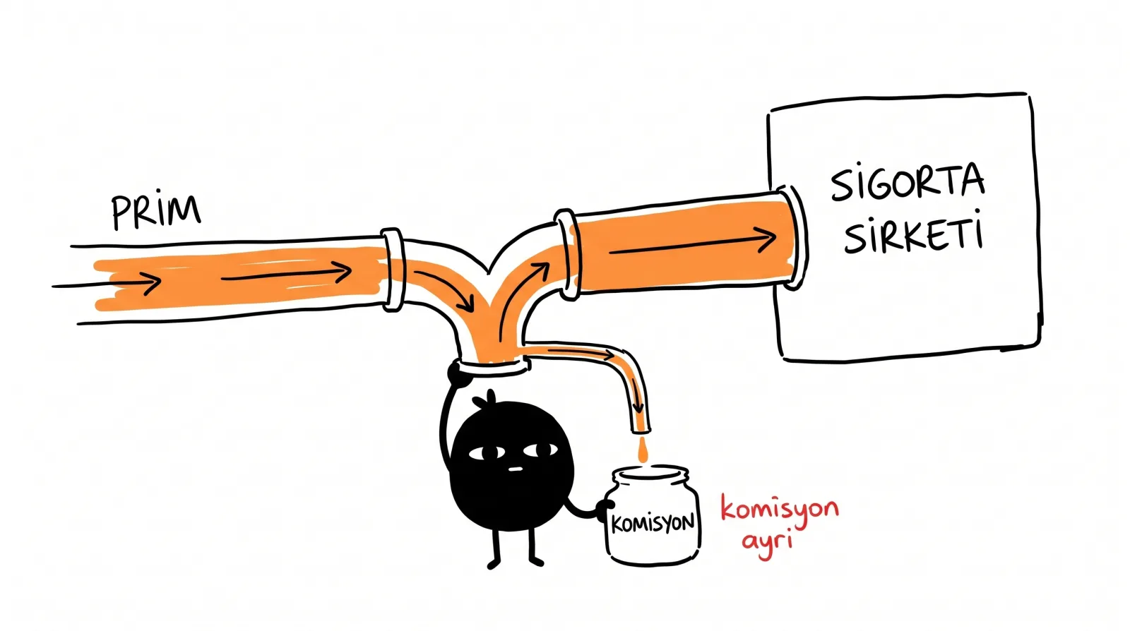 Tek bir prim borusunu iki ayrı boruya ayıran karakter: büyük boru sigorta şirketine, ince boru komisyon kavanozuna