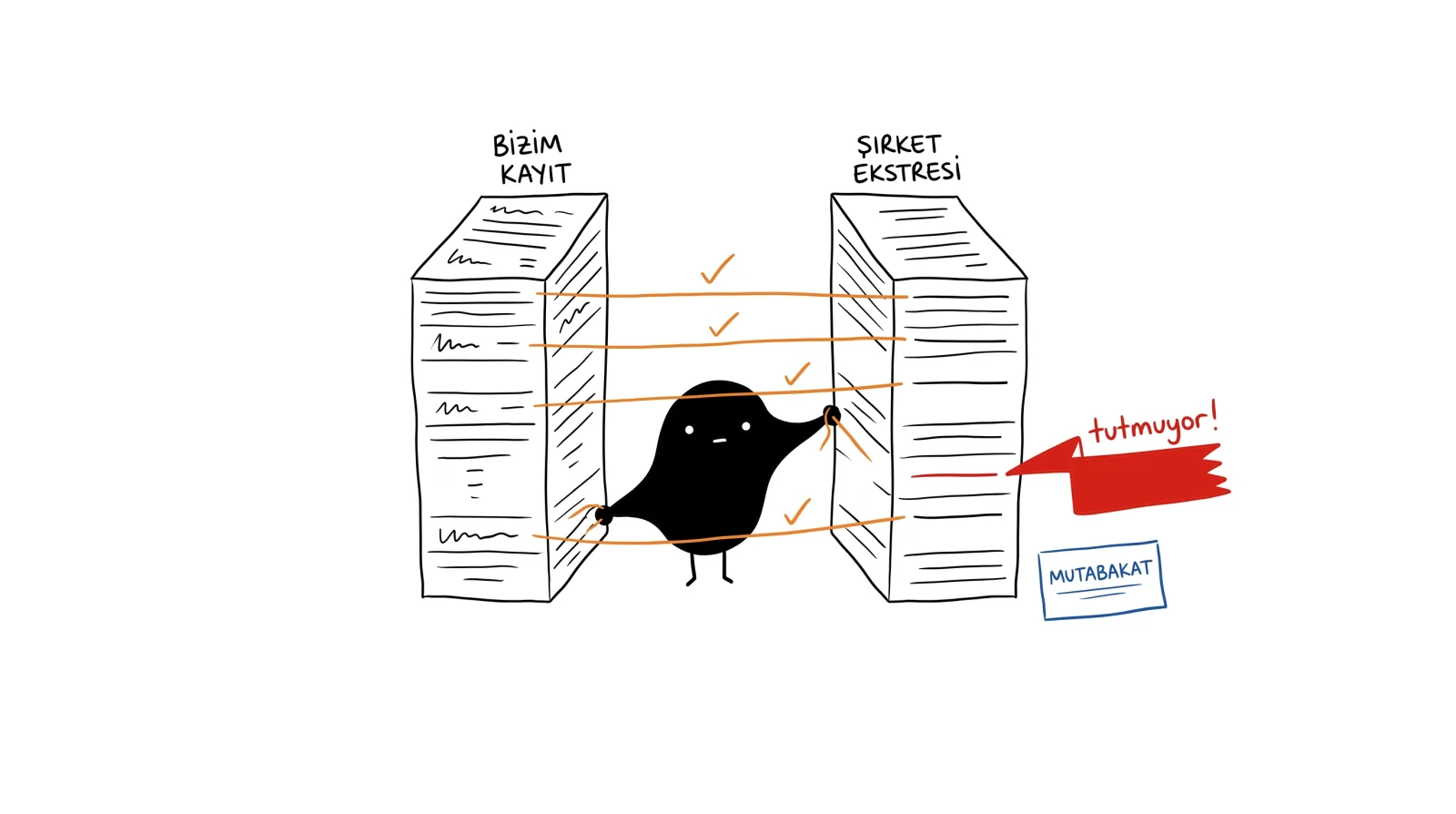 Karakter iki kâğıt yığınını eşleştiriyor: bizim kayıt ve şirket ekstresi; çoğu satır tutuyor, biri kırmızı bayraklı tutmuyor