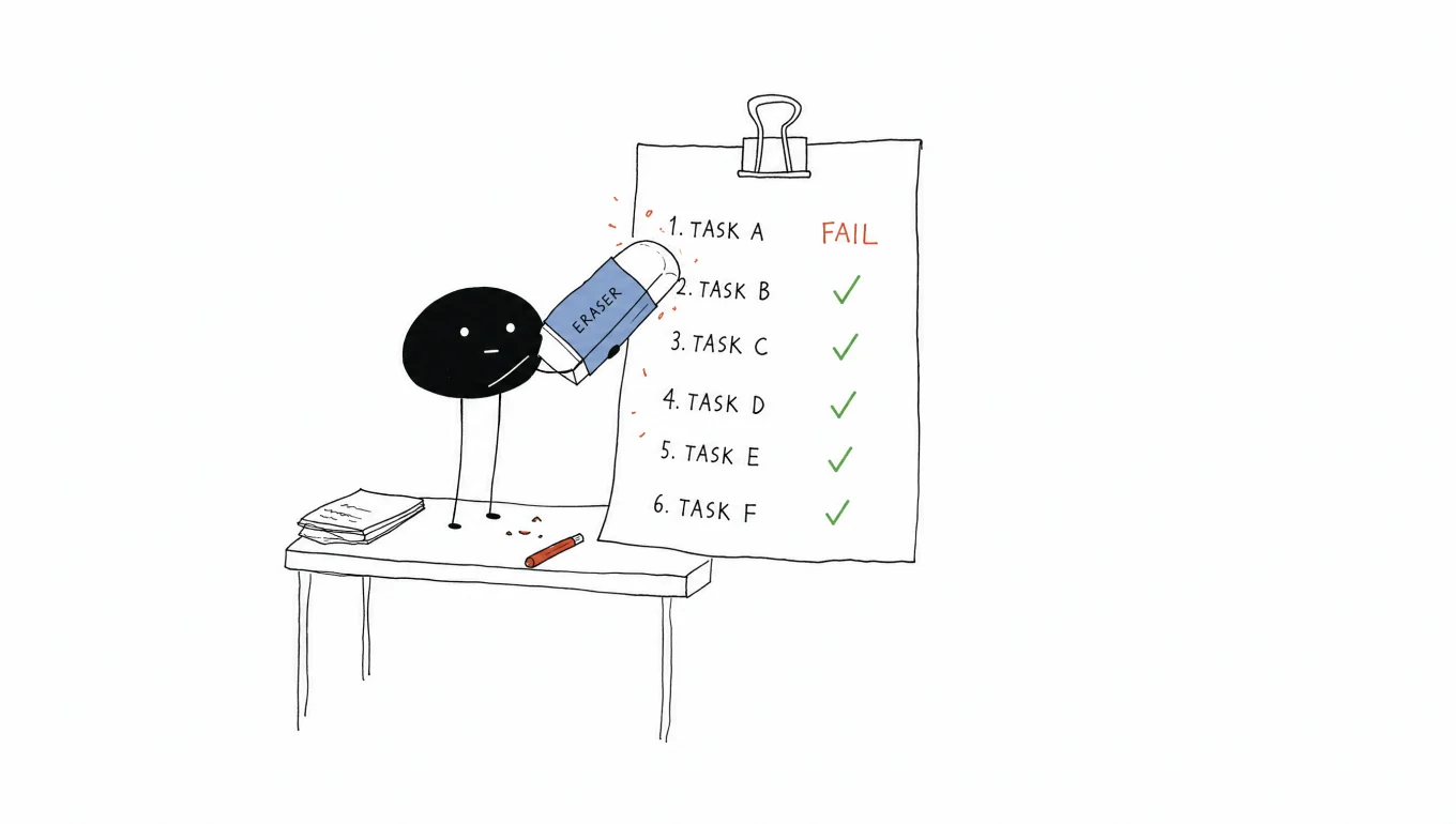 Xiaohei bir masanın üstünde dev bir silgiyle bir test kontrol listesindeki kırmızı FAIL kelimesini siliyor, böylece tüm satırlar yeşil onay işaretine dönüyor, masum bir ifadeyle