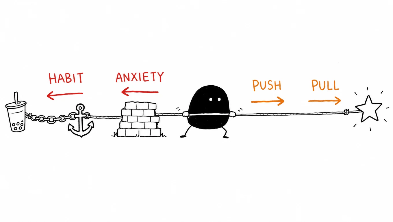 Xiaohei tam ortada bir halat çekme yarışında; solda kırmızı HABIT (çapa ve zincir) ve ANXIETY (tuğla duvar) onu geriye, sağda turuncu PUSH ve PULL okları bir yıldıza doğru ileriye çekiyor