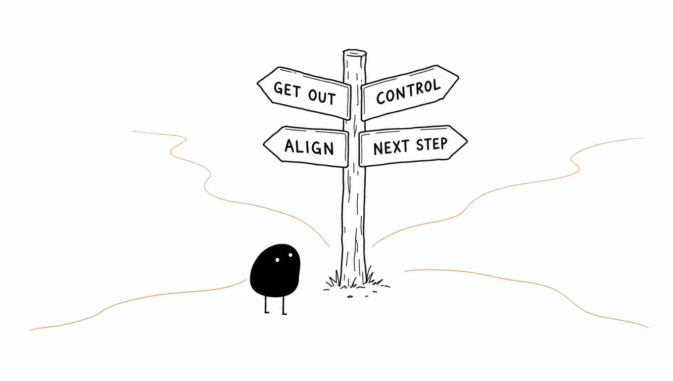 Xiaohei dört yöne ayrılan yolların başında bir tabela direğinin önünde duruyor; tabelalar: GET OUT, CONTROL, ALIGN, NEXT STEP