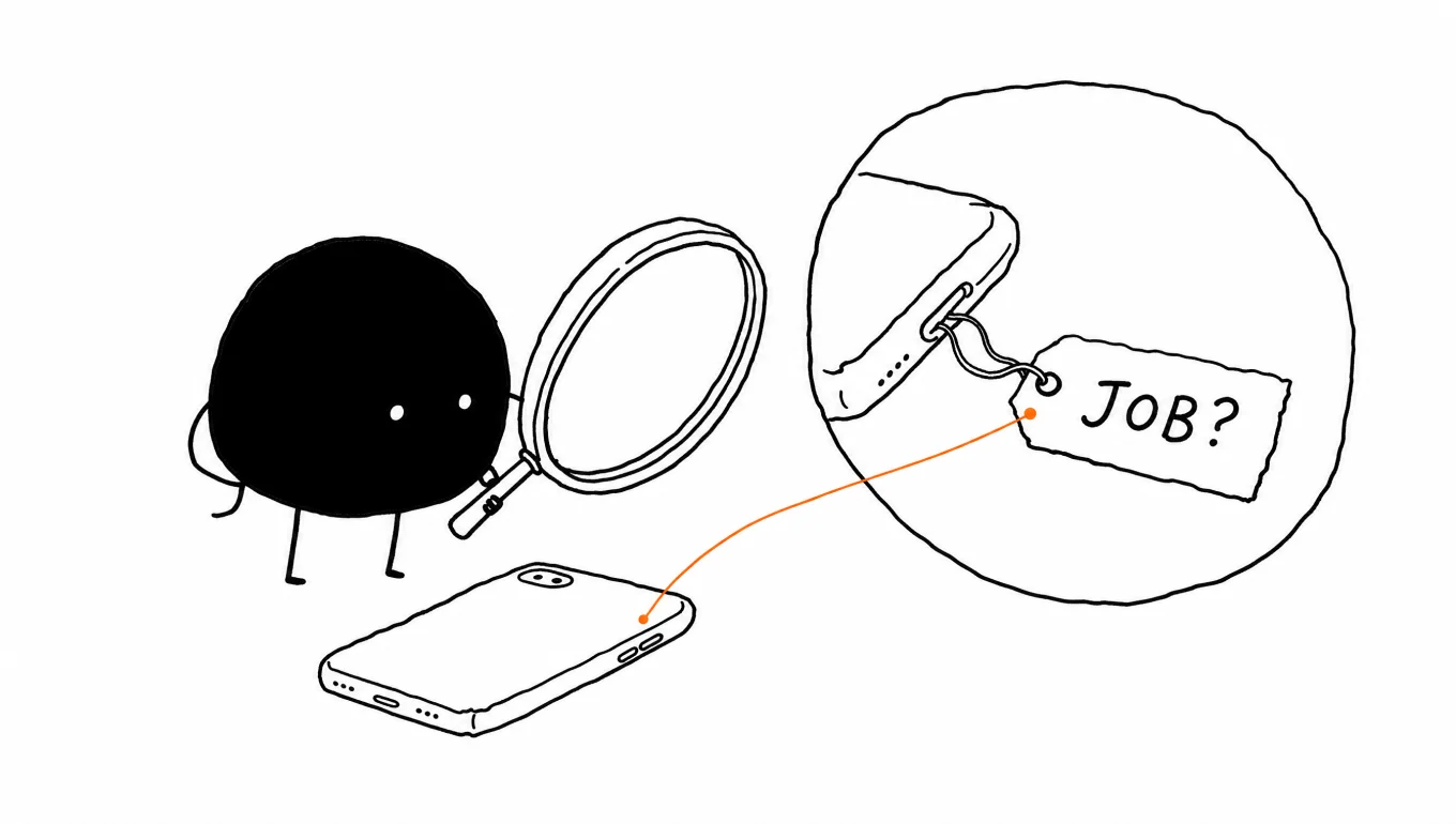 Xiaohei elinde büyük bir büyüteçle yerdeki kendi telefonuna bakıyor; büyütecin içinden telefona bağlı gizli bir etiket görünüyor: JOB? (hangi iş?)