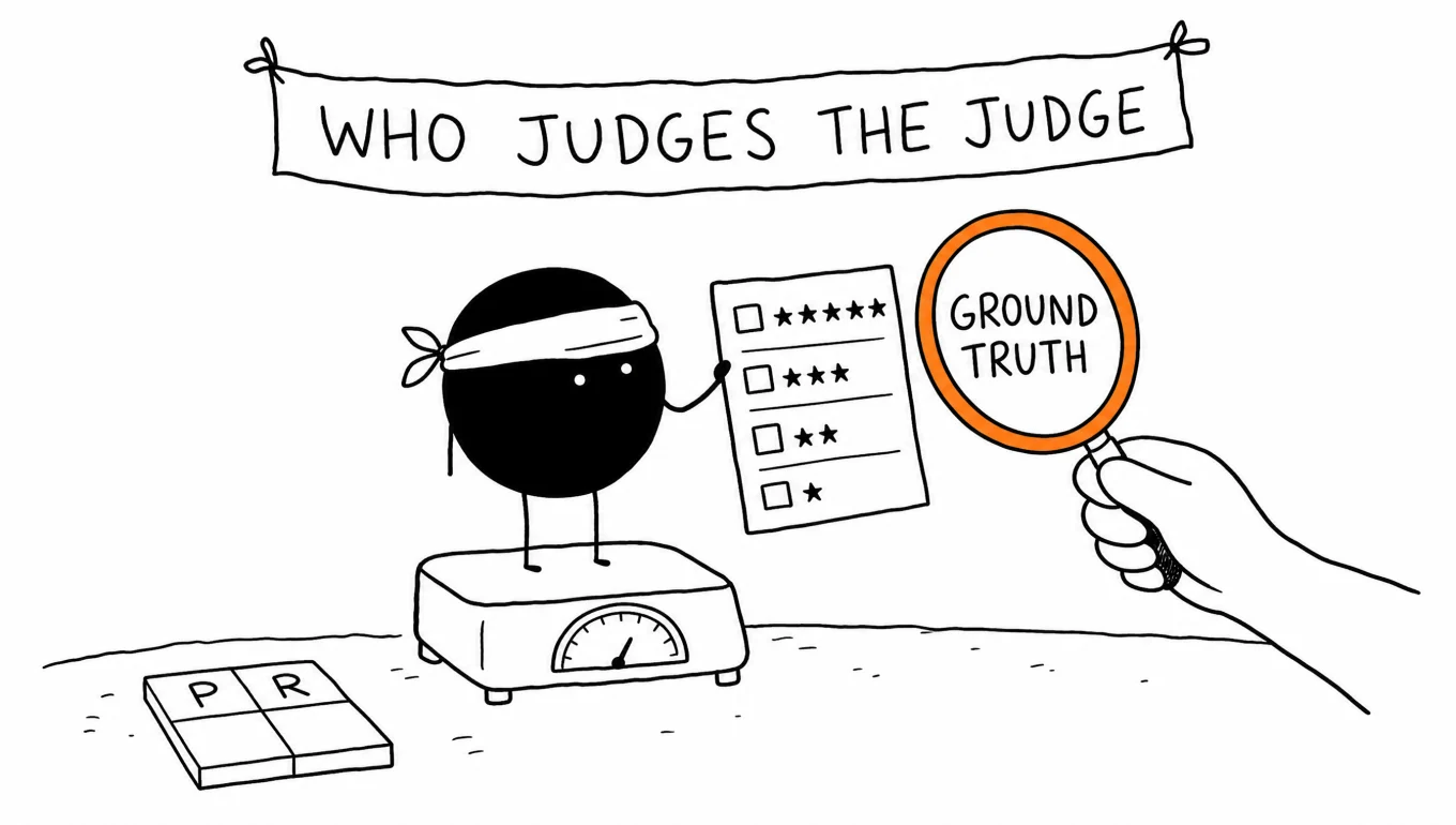 Gözü bağlı Xiaohei hakem bu kez kendisi bir terazinin üstünde inceleniyor; sağdan GROUND TRUTH yazılı bir büyüteç onun karnesini büyütüyor; yerde P R yazılı 2x2 ızgara, üstte WHO JUDGES THE JUDGE pankartı