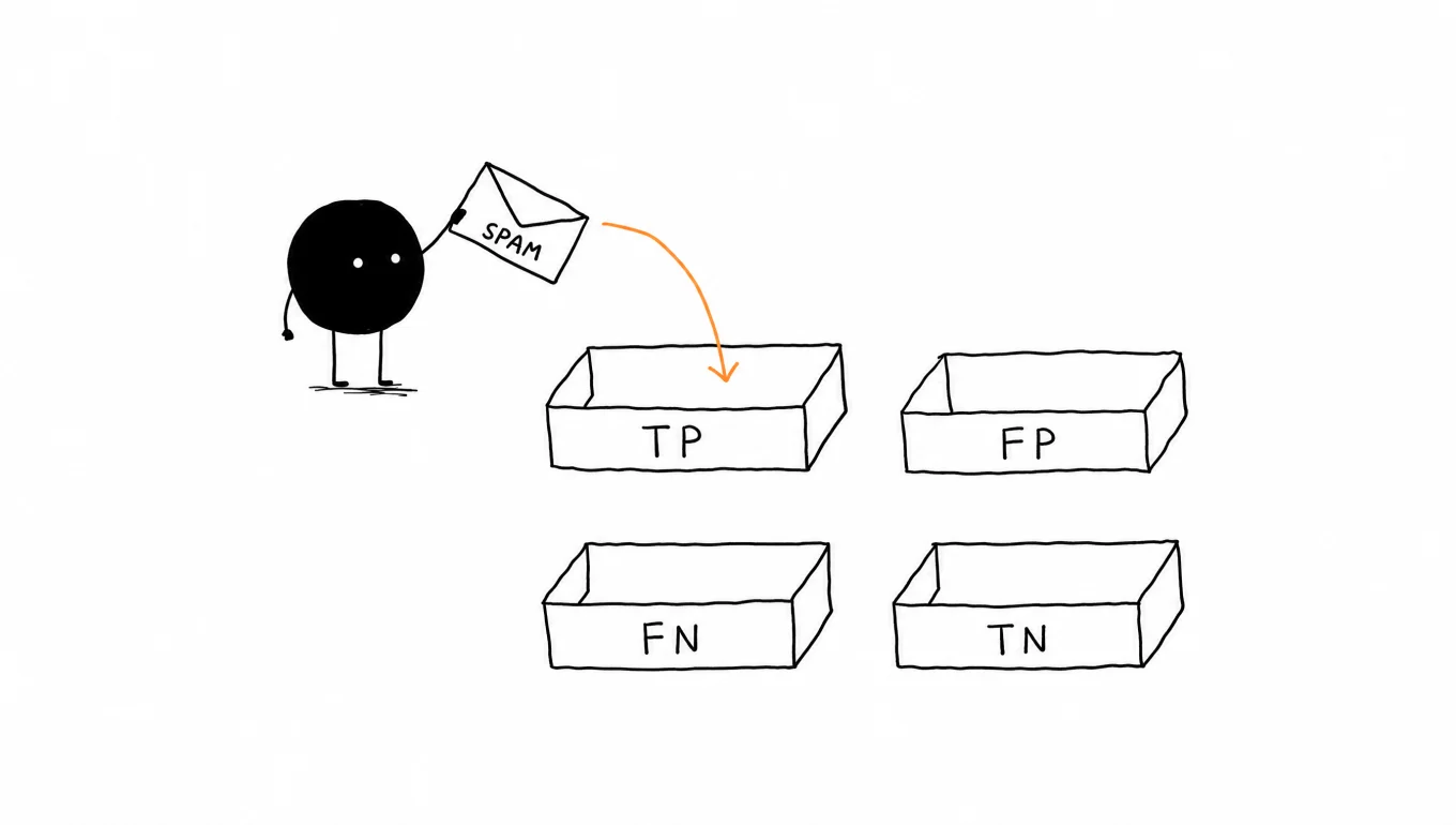 Xiaohei, SPAM yazılı bir zarfı dört tepsiden (TP, FP, FN, TN) oluşan 2x2 ızgarada TP tepsisine atıyor; turuncu ok zarfın yolunu gösteriyor